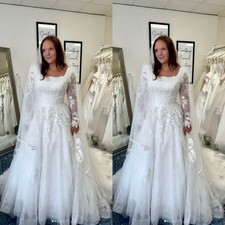 Elegant Wedding Dresses Square Neck Long Sleeves A Line Sweep Train Bridal Gown