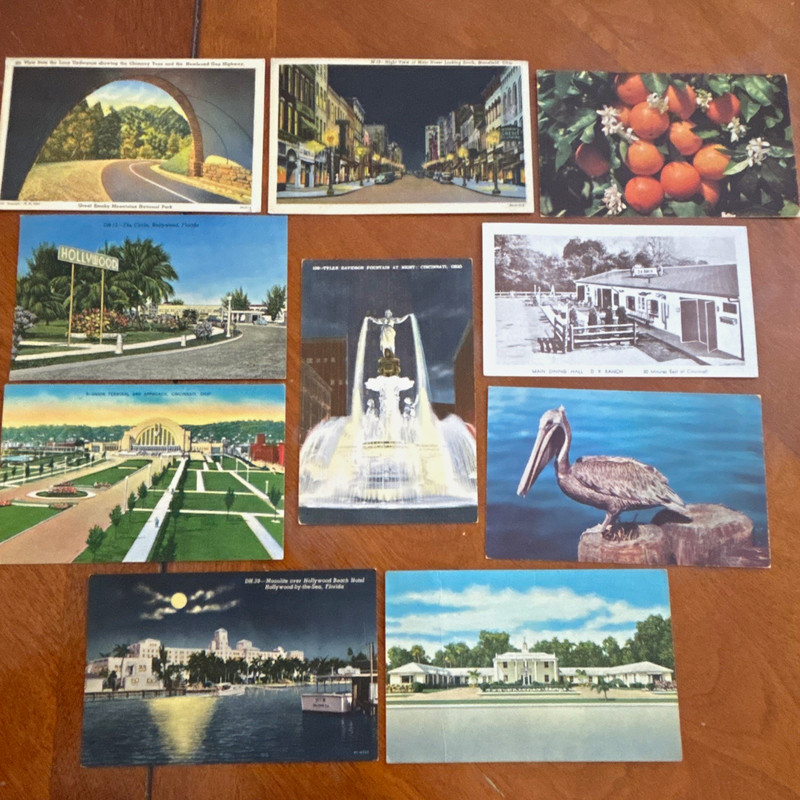 10 Vintage Postcards Lot Hollywood FL, Cincinnati OH, Great Smoky Mtns