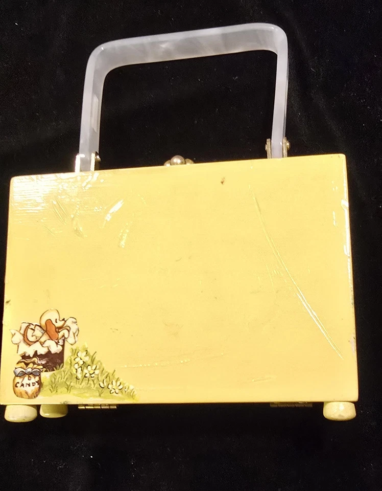 CAJA DE MADERA DE COLECCIÓN MONEDERO MANGO LUCITE ~ Pintado a mano/decoupage niños pequeños y cachorro Foto 4 de 4