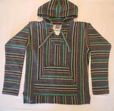Se or Lopez Baja Hoodie Pullover   Black  Gray Striped Size S Made in Mexico