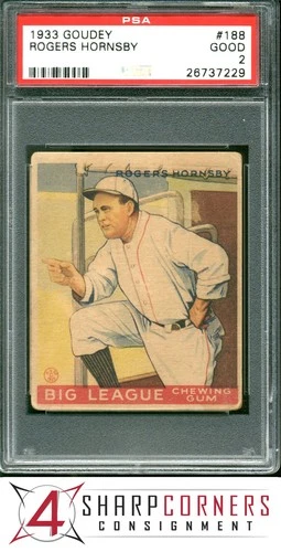 1933 GOUDEY #188 ROGERS HORNSBY RC HOF PSA 2