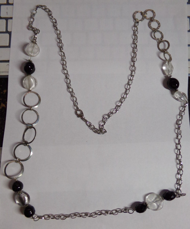 Vintage 42" Black & Clear Beads & Silver Tone Asymmetrical Necklace