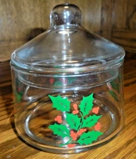Vintage Clear Glass Christmas Holly & Berries Candy Jar w/ Lid Holiday Decor  94