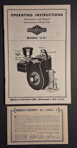 Model 5-S Briggs & Stratton Operating Instructions w Warranty-Registration, 1950
