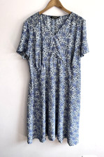 Bonmarche Size 22 Floral A Line Dress Short Sleeve Blues V Neck Tea Dress U36
