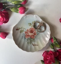 VTG Porcelain Seashell Trinket Dish Hand Painted Rose Design