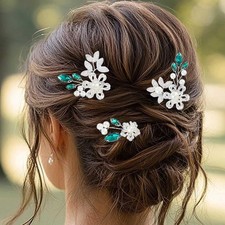 3 PCS Green Flower Bride Wedding Hair Pins Silver Pearl Crystal Accessories