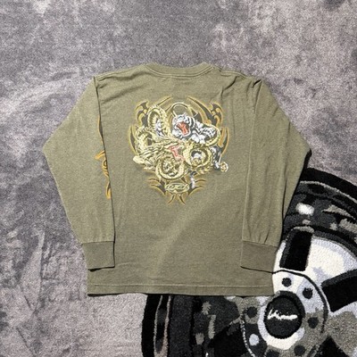Vintage Y2K Top Heavy Long Sleeve Shirt Dragon and Tiger Graphic Olive Green
