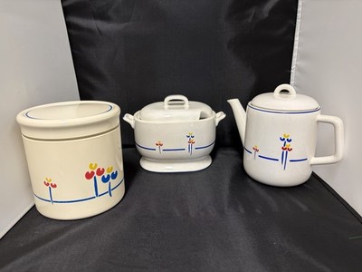 Vintage Porcelain Riva Designs Tulips Tea Pot Creamer Canister Set