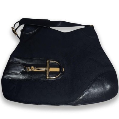 Gucci Vintage Horsebit Hasler Hobo Black GG Monogram Canvas and Leather w/Gold