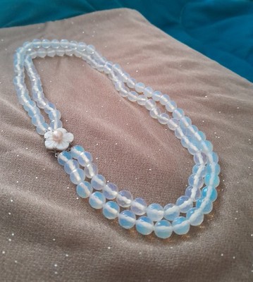 HALSKETTE 2-FÄDIG OPAL NATUR FACETTIERT BLUMENVERSCHLUSS MIT PERLE UND 925 SILBER