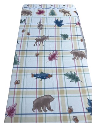 Plaid Lodge Shower Curtain Ivory Leaf Moose Bear Tree Fish Vintage Springs