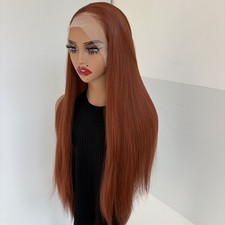 Heat Resistant Hair Women Long Straight Frontal Lace Wigs Copper Red
