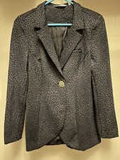 Women  s Black Leopard Print Blazer Ornate Brooch Button Size Petite Small