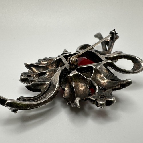 VINTAGE REJA STERLING SILVER FLOWER BROOCH PIN LARGE RED CRYSTAL BOUQUET LEAVES - Picture 7 of 13
