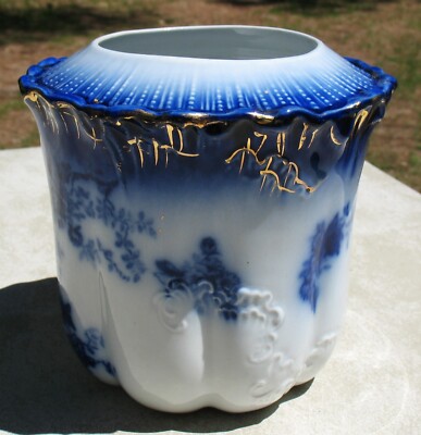 Antique Wheeling Pottery La Belle Flow Blue Biscuit Jar w 22K Gold Trim No Lid