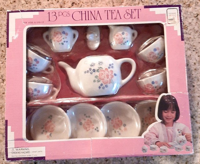 (3A3) 13 pcs Floral China Toy Tea Set Vintage New w/ damaged Box for sale online