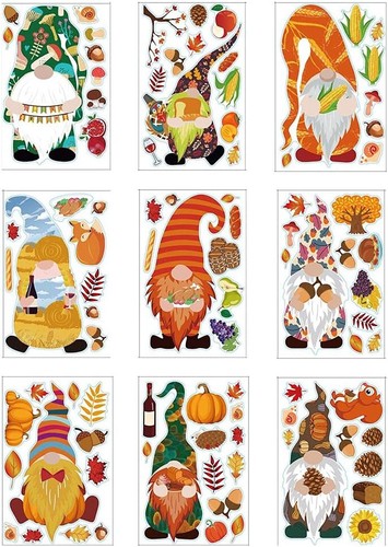 9 Sheets of Super Cute Fall Gnome Window Clings, 9 Different Gnome Design Pages