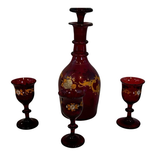 Czech or Bohemian ruby red glass decanter with stopper 3 cordial glasses - Picture 9 of 16