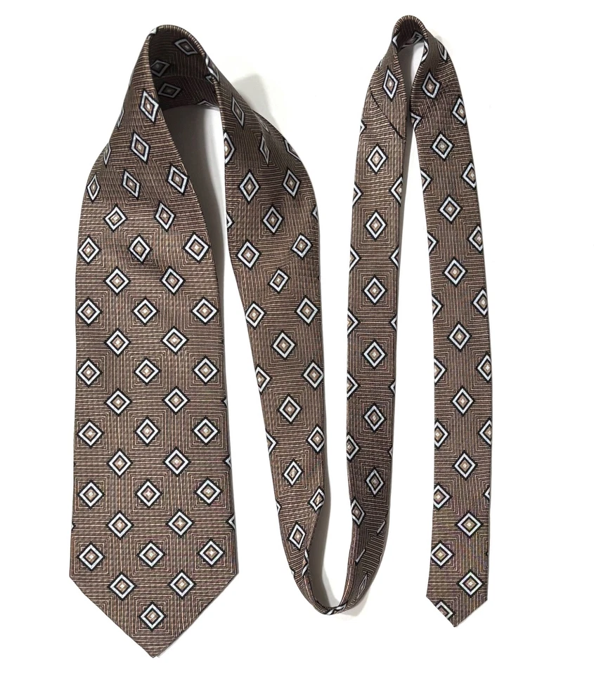 Corbata Borrelli marrón azul cosida a mano 100 % seda cuadrados geométricos dentro de cuadrados Foto 3 de 4