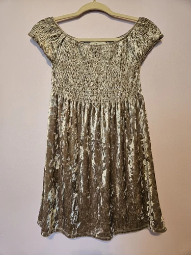 Molly Green Womens Mini Dress S Brown Velvet Smocked Off Shoulder Short Sleeve