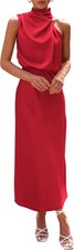 Women's Satin Dress Elegant Sleeveless Mock Neck Cocktail Party Maxi Dresses