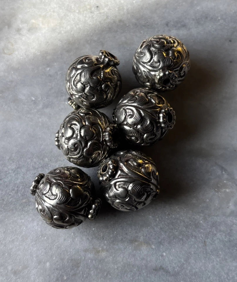 6pcs Tibetan Silver Repousse Beads Handmade In Nepal 20mm CC745 - Image 2 of 2