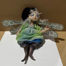 Handmade Fairy Art Doll 14” Mixed Media Fabric & Molded Face with Wings