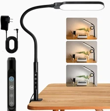 LED Desk Lamp 15W Clip-On Light, 5 Modes, 9 Brightness Levels, Black Gooseneck