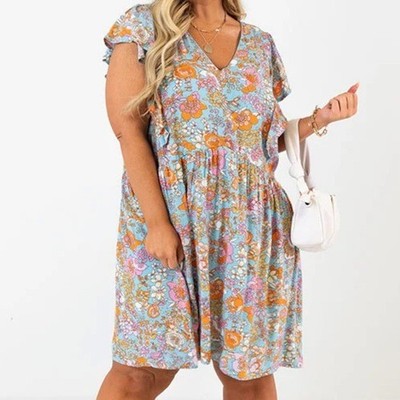 Emily Wonder FLORAL SHIFT DRESS IN SKY BLUE CURVES 2X (bin GG43)