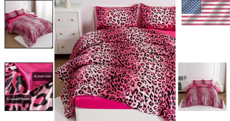 Juego de edredón contemporáneo con estampado de leopardo rosa, reina Foto 2 de 4