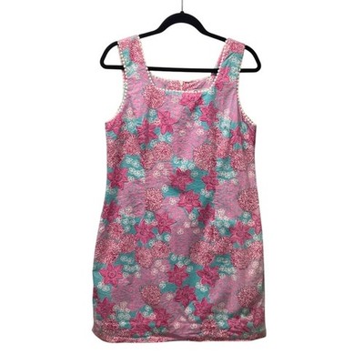 Lilly Pulitzer Pink Floral Seersucker Shift Dress 90s Square Neckline Size 10