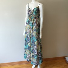 ANA A New Approach Maxi Dress S Blue Floral Art To Wear Empire V Neck Lined