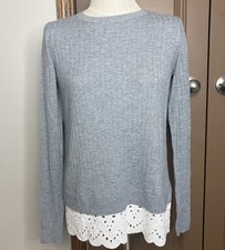 NWT Loft Grey Ribbed Eyelet Lace Hem Sweater M
