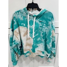 Nike Tie Dye Hoodie Sweatshirt Teal Tan Blue Swoosh Logo Cropped Womens M
