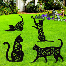 4 Pack Black Cat Silhouette Metal Garden Statues for Outdoor Decorations