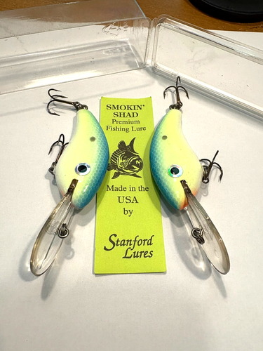 2 NUEVOS SEÑUELOS STANFORD VINTAGE madera de cedro 3/8 oz SOMBRA AHUMADA CRANKBAITS laterales planos