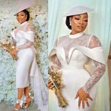 Elegant African Mermaid Wedding Dresses High Neck Long Sleeved Satin Bridal Gown