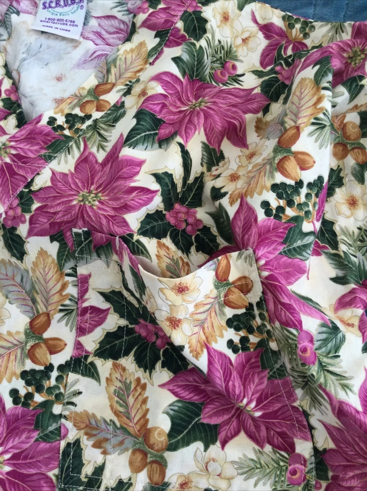 Scrubs Poinsettia Scrub Top Cotton V-Neck Holiday & Solid Purple Lab Coat S/M - Image 3 of 4