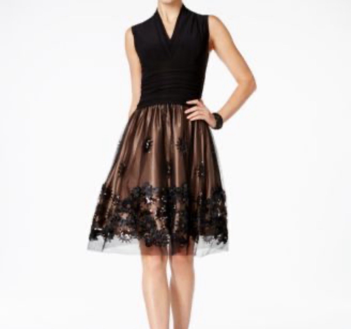 SLNY Womens Sequined Illusion Cocktail Dress, Size: 4, Black SLNY Womens Sequined Illusion Cocktail Dress, Size: 4, Black