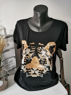 Tee-shirt femme Taille 40 neuf paillettes noir doré tigre