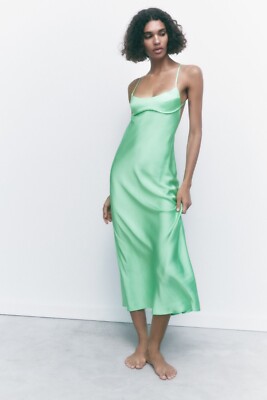 zara silk green dress ZARA NEW MIDI STRAPPY SATIN DRESS MINT GREEN 3067/361 XS-XL