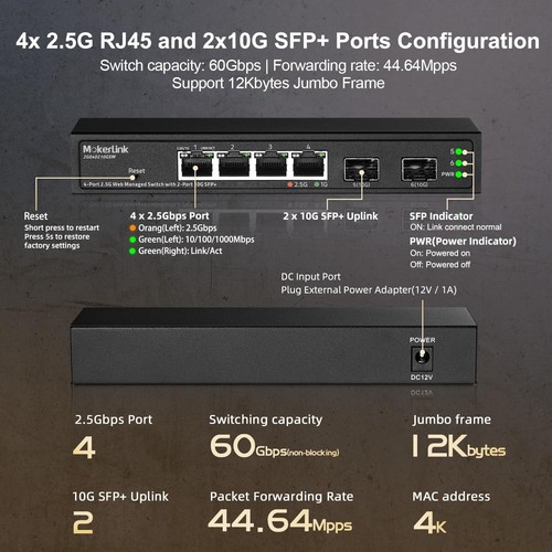 Compact 4 Port 2.5G Managed Switch with 2 x 10G SFP+ Slots - Silent Metal Design - Picture 6 of 10