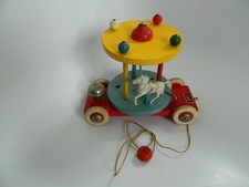 Vintage Brio Made in Sweden Wooden Pull Toy Carousel wPlastic Horse