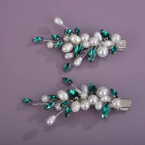 2Pcs Pearl Wedding Hair Clips Green Crystal Hair Barrette Rhinestone Pearl - Image 4 of 4