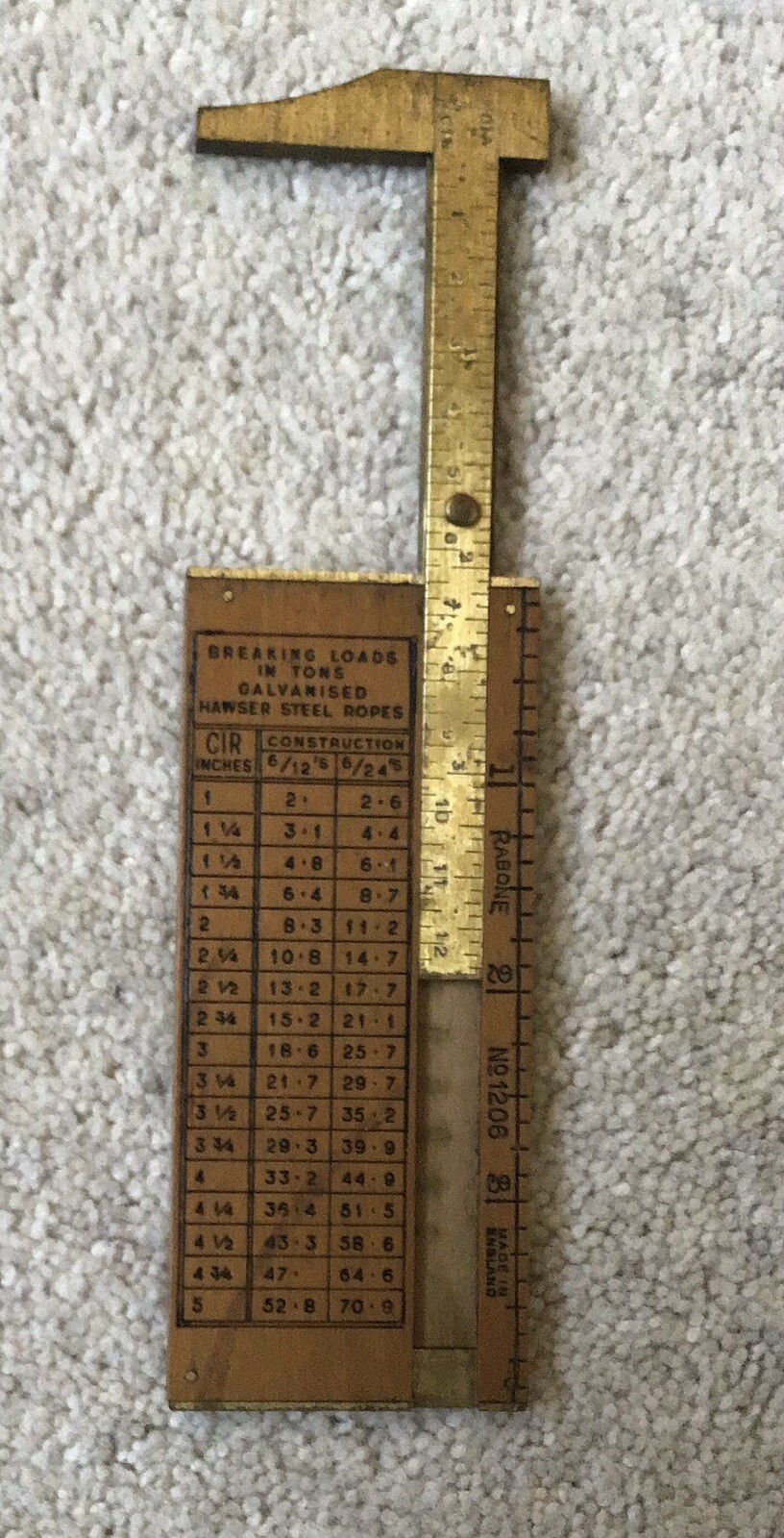 ANTIQUE BOXWOOD BRASS MEASURING CABLE ROPE GAUGE SLIDE RULE RULER RABONE No 1206