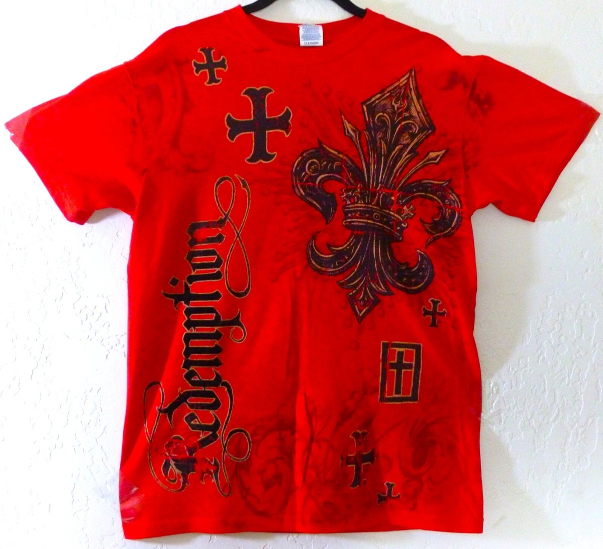 Vintage Redemption Y2K Red T-Shirt Angel Wings & Cross ~ New