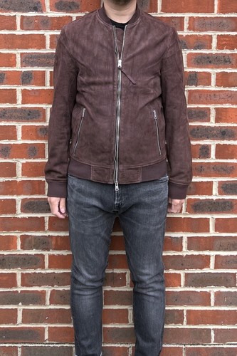 All Saints Mens KAIGO Suede Bomber Jacket SMALL Brown Red Biker Leather - Picture 6 of 14