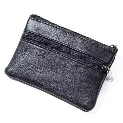 Unisex Black Small Coin Pouch Purse Key Holder Leather Zip Wallet Card Holder - Picture 1 of 5