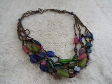 Multi Strand Pink Blue Green Glass Bead Necklace D76 
